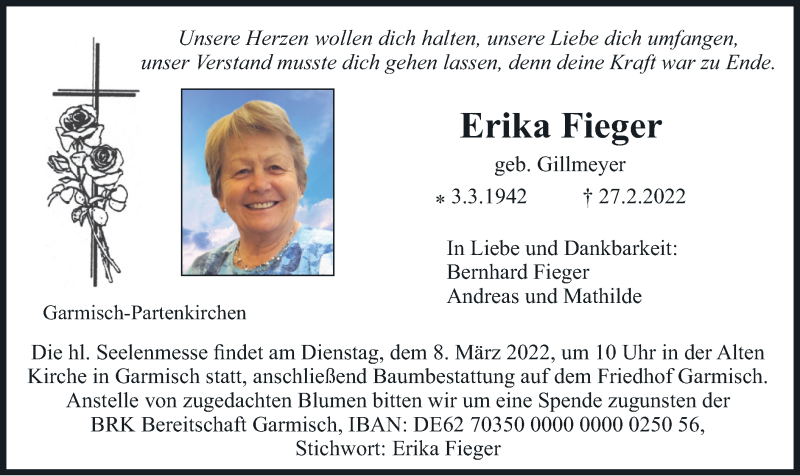  Traueranzeige für Erika Fieger vom 05.03.2022 aus merkurtz