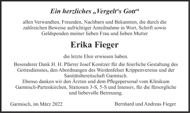  Traueranzeige für Erika Fieger vom 12.03.2022 aus merkurtz