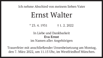 Traueranzeige von Ernst Walter von merkurtz