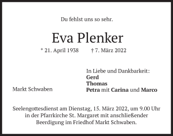 Traueranzeige von Eva Plenker von merkurtz