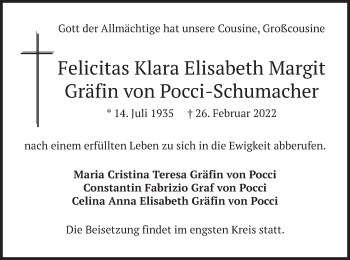 Traueranzeige von Felicitas Klara Elisabeth Margit Gräfin von Pocci-Schumacher von merkurtz