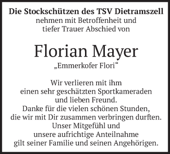 Traueranzeige von Florian Mayer von merkurtz