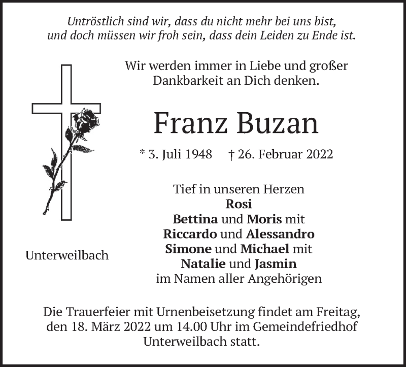  Traueranzeige für Franz Buzan vom 12.03.2022 aus merkurtz