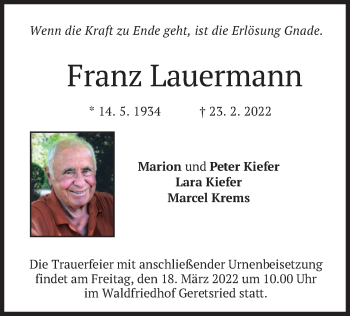 Traueranzeige von Franz Lauermann von merkurtz