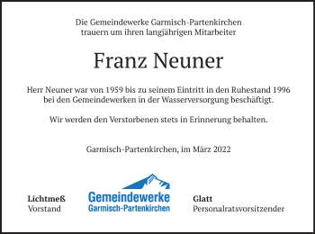 Traueranzeige von Franz Neuner von merkurtz