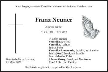 Traueranzeige von Franz Neuner von merkurtz