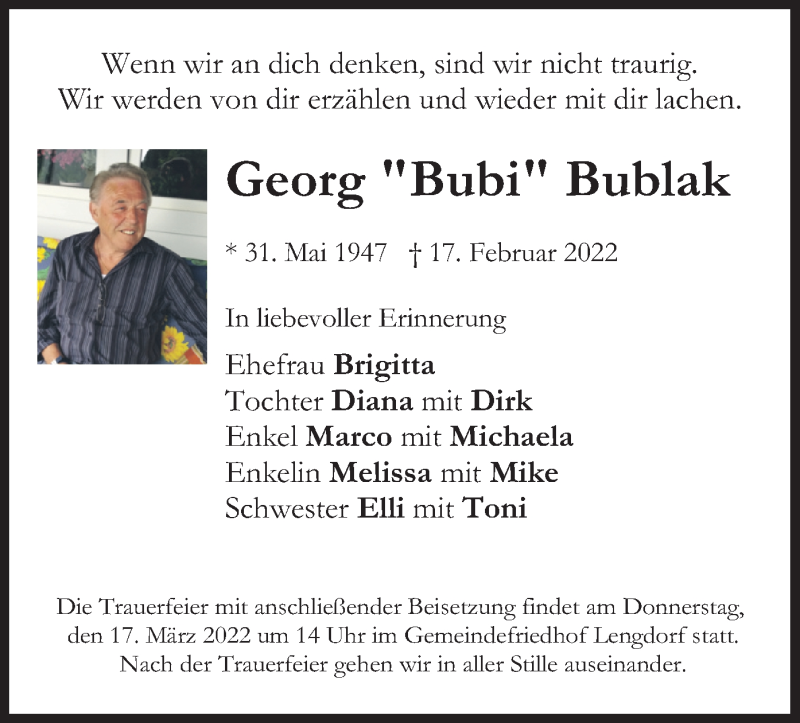  Traueranzeige für Georg Bublak vom 12.03.2022 aus merkurtz