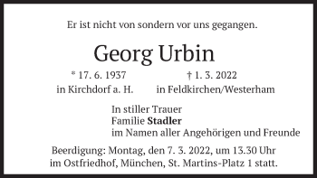 Traueranzeige von Georg Urbin von merkurtz