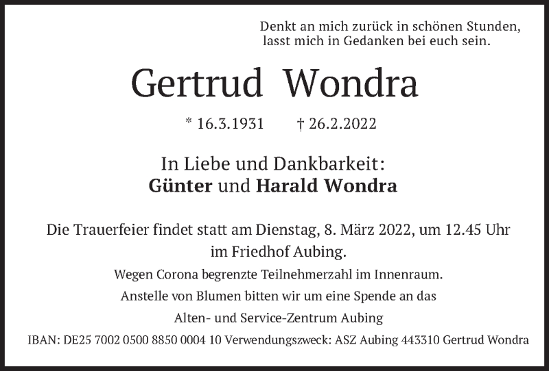  Traueranzeige für Gertrud Wondra vom 05.03.2022 aus merkurtz