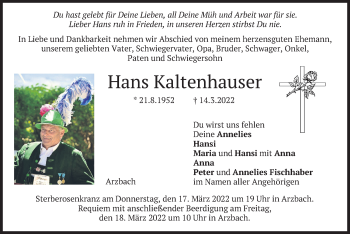 Traueranzeige von Hans Kaltenhauser von merkurtz