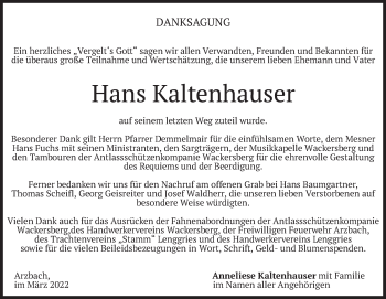 Traueranzeige von Hans Kaltenhauser von merkurtz