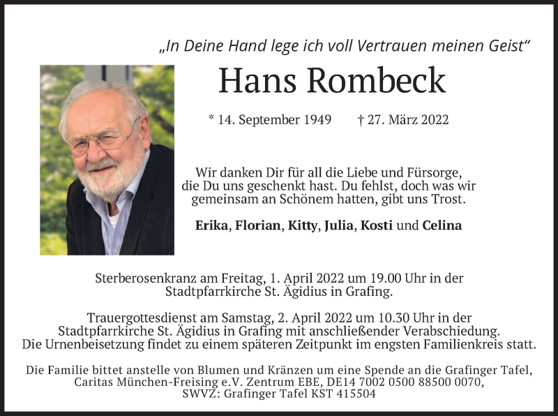  Traueranzeige für Hans Rombeck vom 30.03.2022 aus merkurtz
