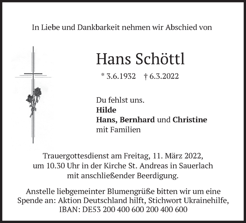  Traueranzeige für Hans Schöttl vom 08.03.2022 aus merkurtz