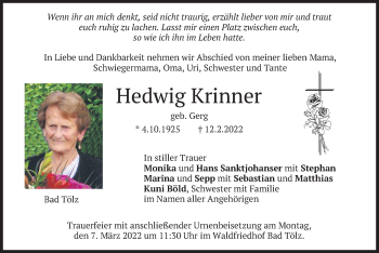 Traueranzeige von Hedwig Krinner von merkurtz