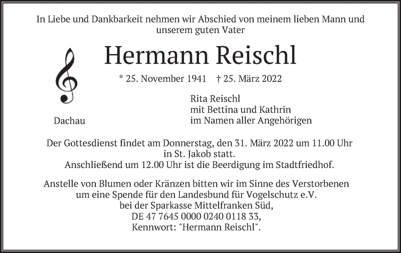  Traueranzeige für Hermann Reischl vom 29.03.2022 aus merkurtz