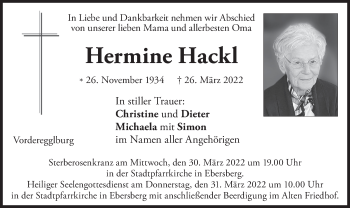Traueranzeige von Hermine Hackl