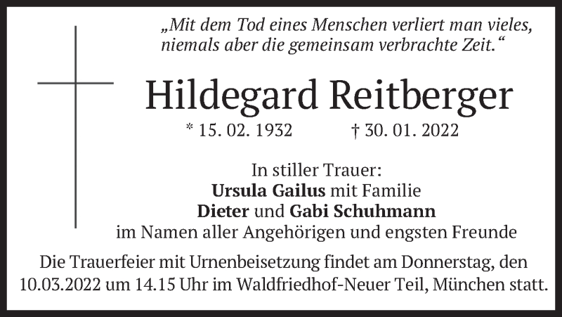  Traueranzeige für Hildegard Reitberger vom 05.03.2022 aus merkurtz