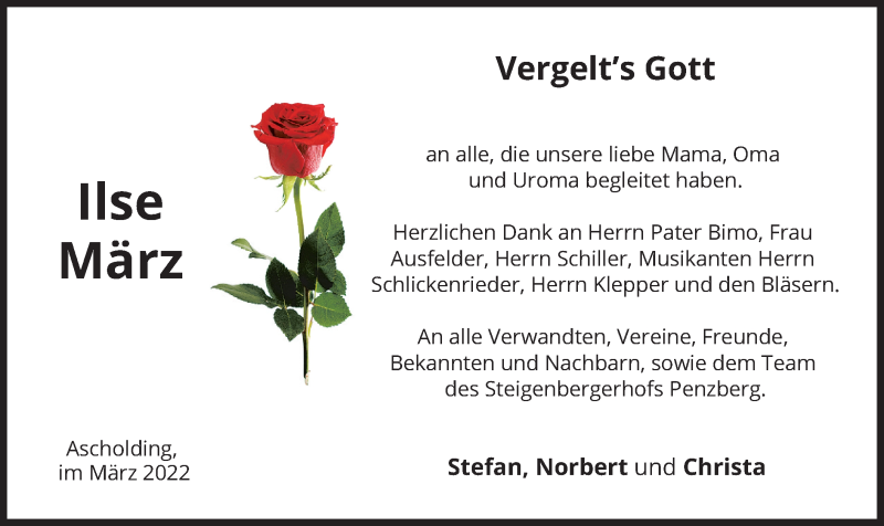  Traueranzeige für Ilse März vom 19.03.2022 aus merkurtz