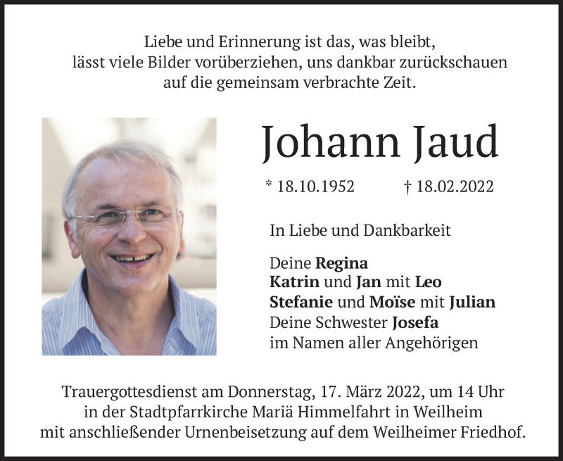  Traueranzeige für Johann Jaud vom 12.03.2022 aus merkurtz