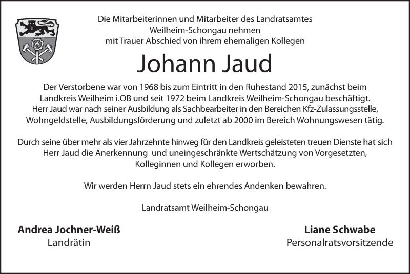  Traueranzeige für Johann Jaud vom 15.03.2022 aus merkurtz