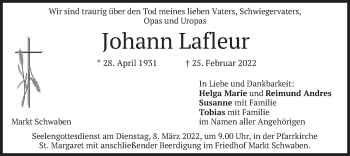 Traueranzeige von Johann Lafleur von merkurtz