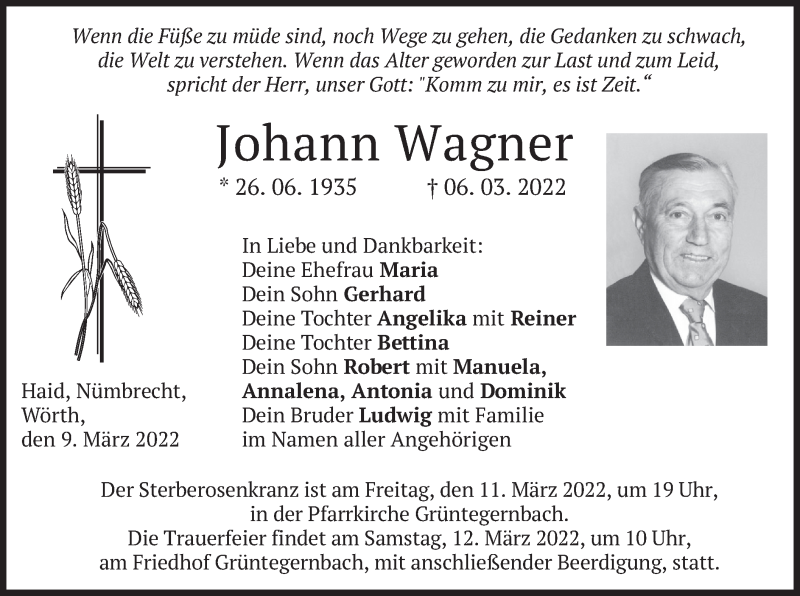  Traueranzeige für Johann Wagner vom 09.03.2022 aus merkurtz
