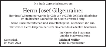 Traueranzeige von Josef Gilgenrainer von merkurtz