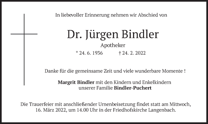  Traueranzeige für Jürgen Bindler vom 05.03.2022 aus merkurtz