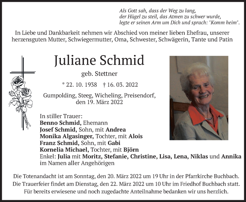  Traueranzeige für Juliane Schmid vom 19.03.2022 aus merkurtz