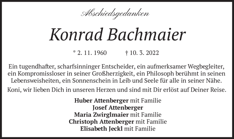  Traueranzeige für Konrad Bachmaier vom 16.03.2022 aus merkurtz