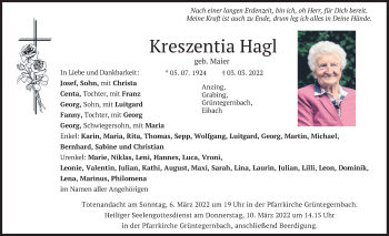 Traueranzeige von Kreszentia Hagl von merkurtz