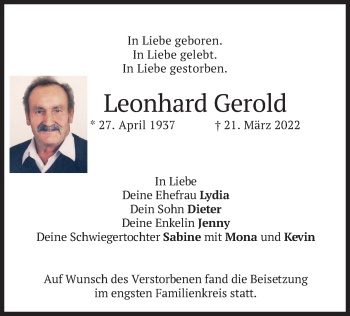 Traueranzeige von Leonhard Gerold von merkurtz
