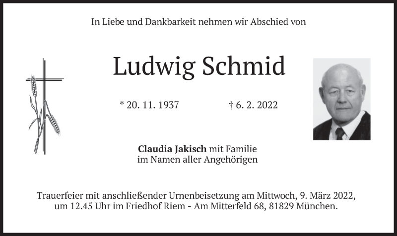  Traueranzeige für Ludwig Schmid vom 05.03.2022 aus merkurtz