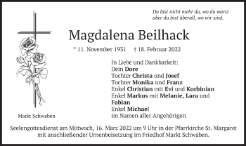 Traueranzeige von Magdalena Beilhack von merkurtz