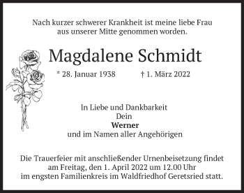 Traueranzeige von Magdalene Schmidt von merkurtz