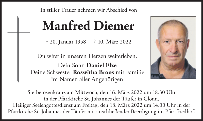  Traueranzeige für Manfred Diemer vom 14.03.2022 aus merkurtz