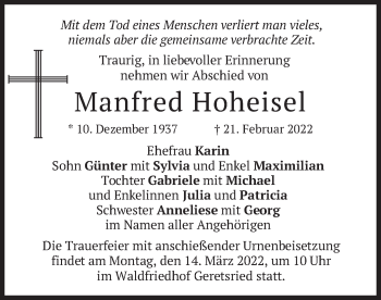 Traueranzeige von Manfred Hoheisel von merkurtz
