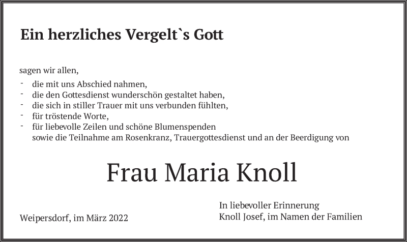  Traueranzeige für Maria Knoll vom 10.03.2022 aus merkurtz