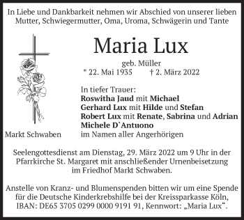 Traueranzeige von Maria Lux von merkurtz