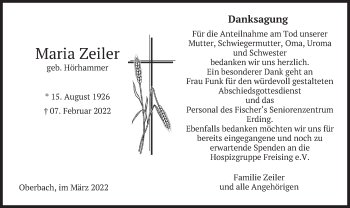 Traueranzeige von Maria Zeiler von merkurtz