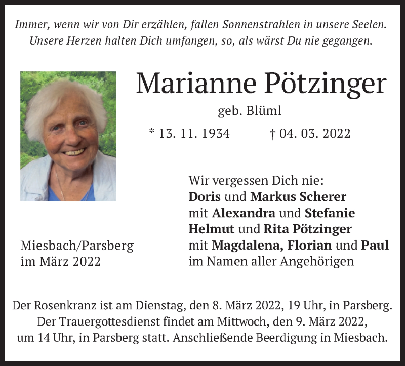  Traueranzeige für Marianne Pötzinger vom 08.03.2022 aus merkurtz