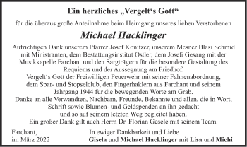 Traueranzeige von Michael Hacklinger von merkurtz