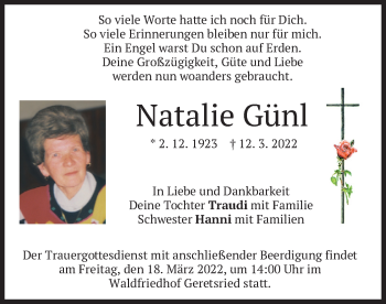 Traueranzeige von Natalie Günl von merkurtz