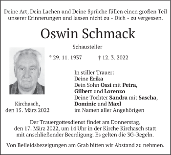 Traueranzeige von Oswin Schmack von merkurtz