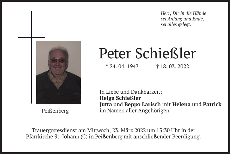 Traueranzeige für Peter Schießler vom 21.03.2022 aus merkurtz
