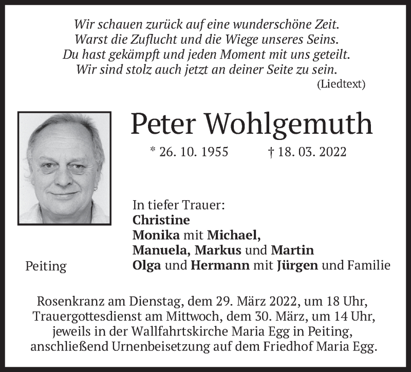  Traueranzeige für Peter Wohlgemuth vom 24.03.2022 aus merkurtz