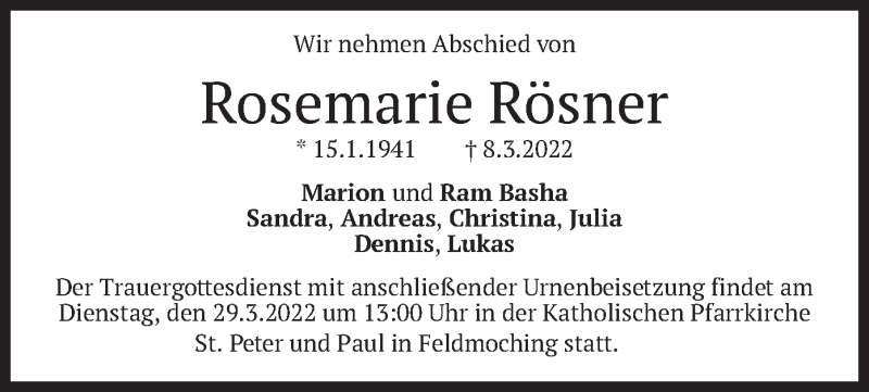  Traueranzeige für Rosemarie Rösner vom 26.03.2022 aus merkurtz