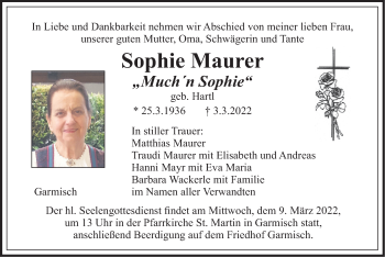 Traueranzeige von Sophie Maurer von merkurtz