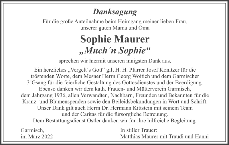  Traueranzeige für Sophie Maurer vom 19.03.2022 aus merkurtz