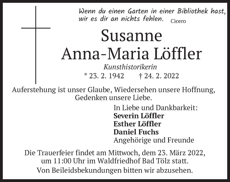  Traueranzeige für Susanne Anna-Maria Löffler vom 21.03.2022 aus merkurtz